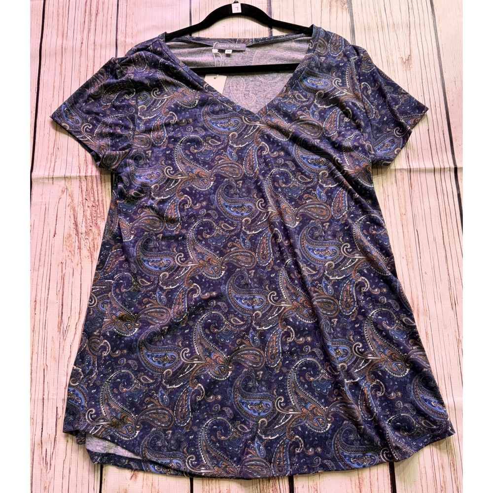 Jamby Styles Womens Paisley V-Neck Short Sleeve Top Purple Blue 3XL NWT